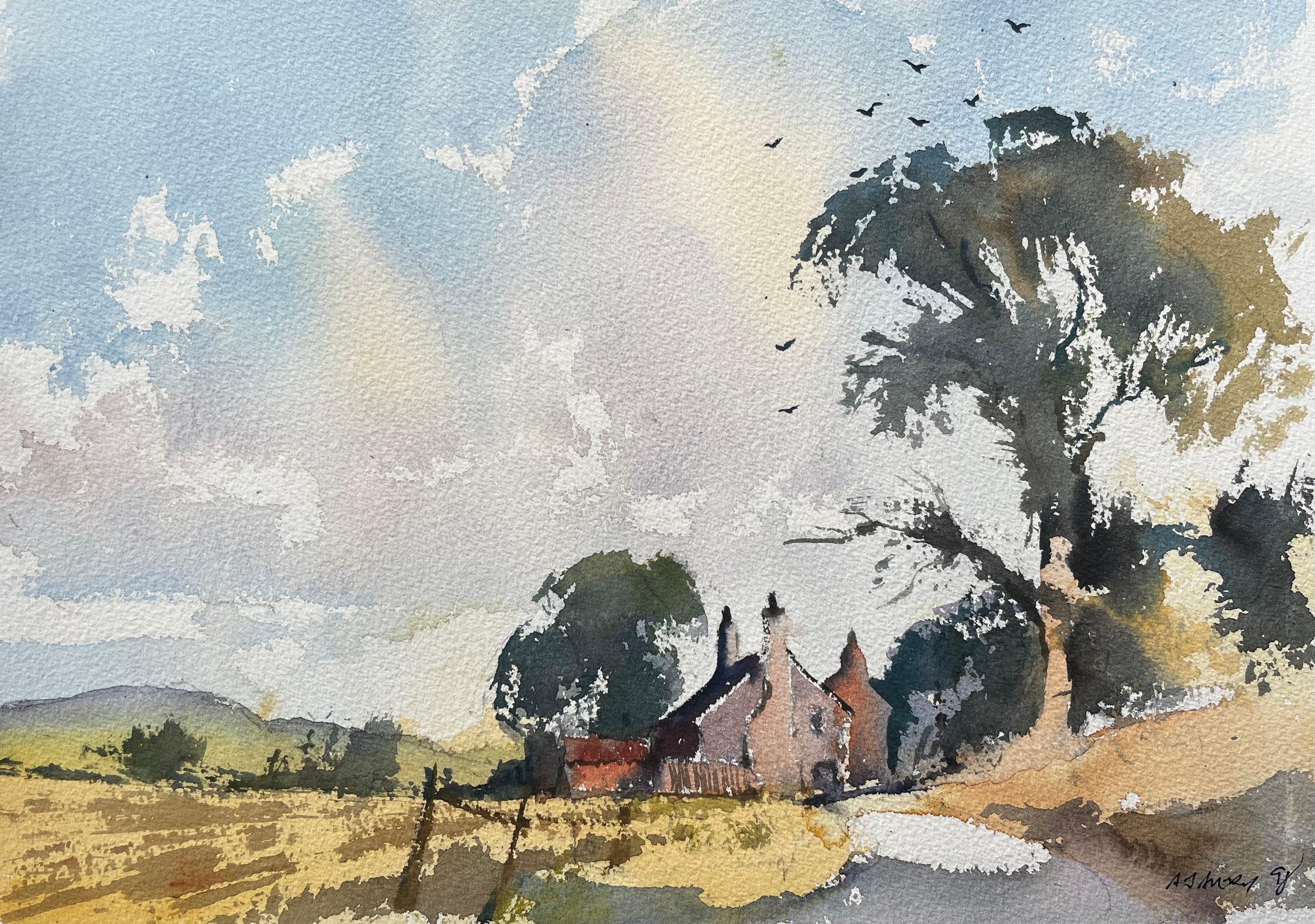 Aquarelle impressionniste britannique représentant un cottage de campagne avec des champs vallonnés