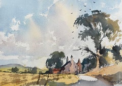 British Impressionist Watercolor of Countryside Cottage with Rolling Fields
