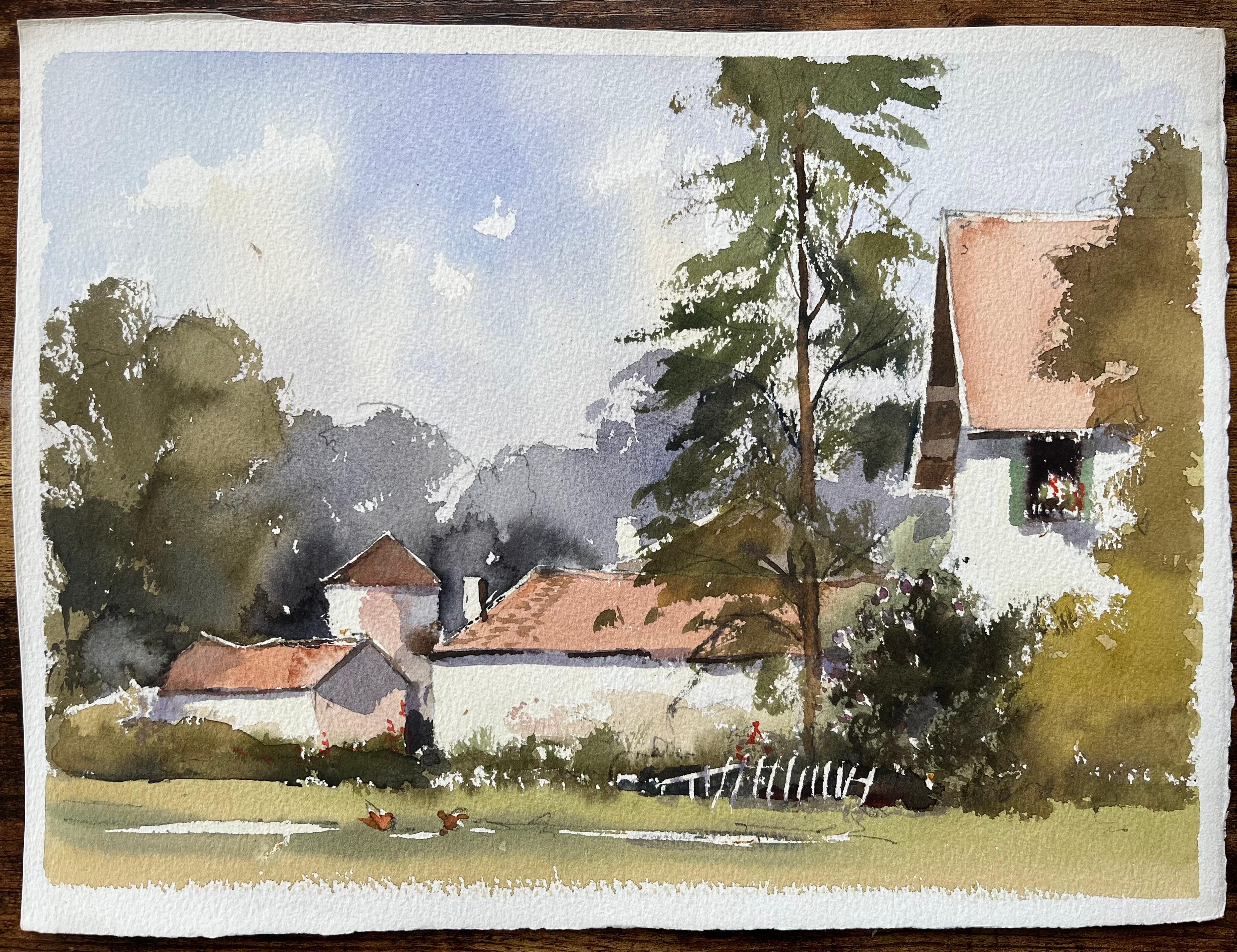 Acuarela impresionista británica de casitas de campo con gallinas - Painting de Anthony Avery