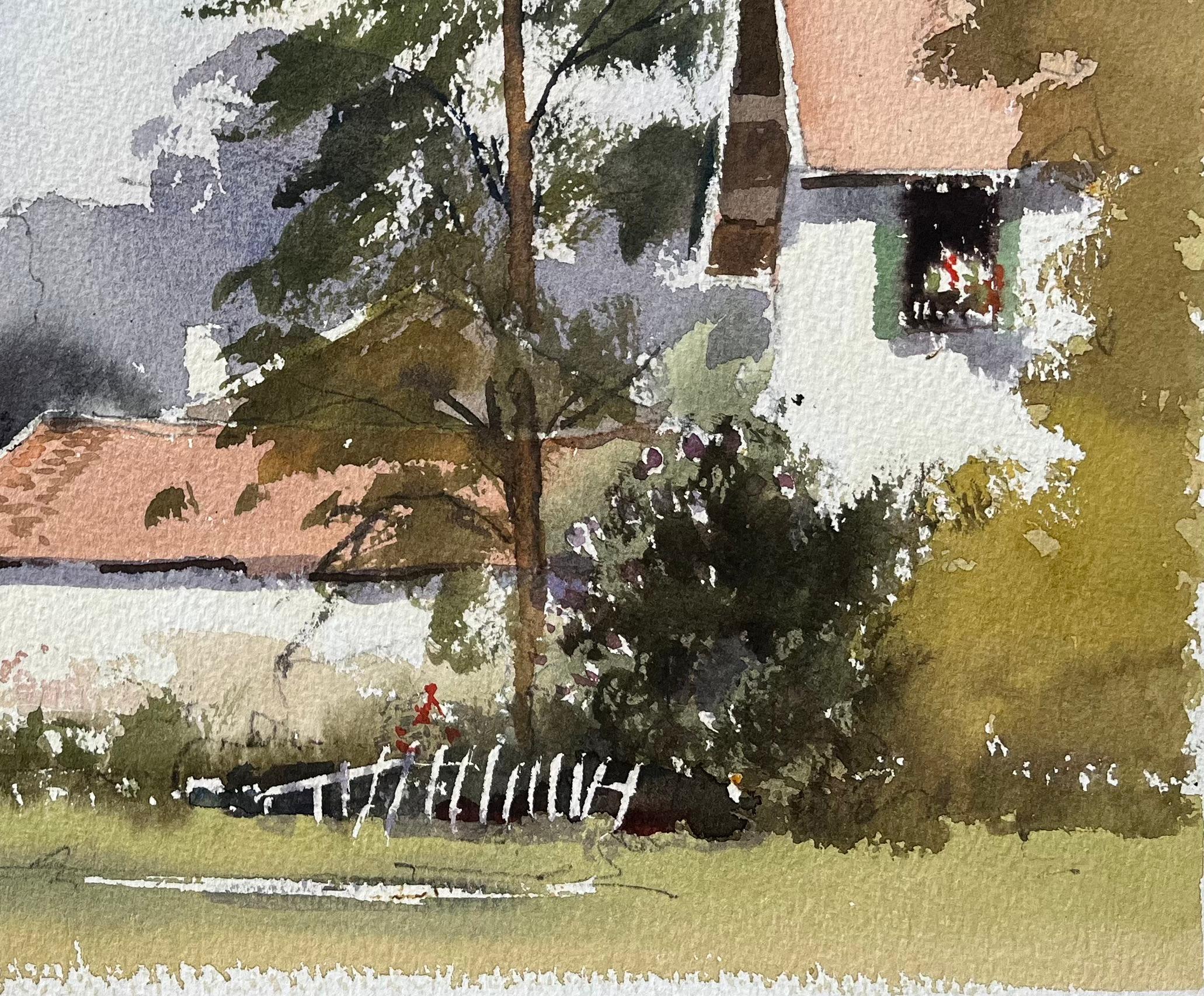 Acuarela impresionista británica de casitas de campo con gallinas - Painting Impresionista de Anthony Avery
