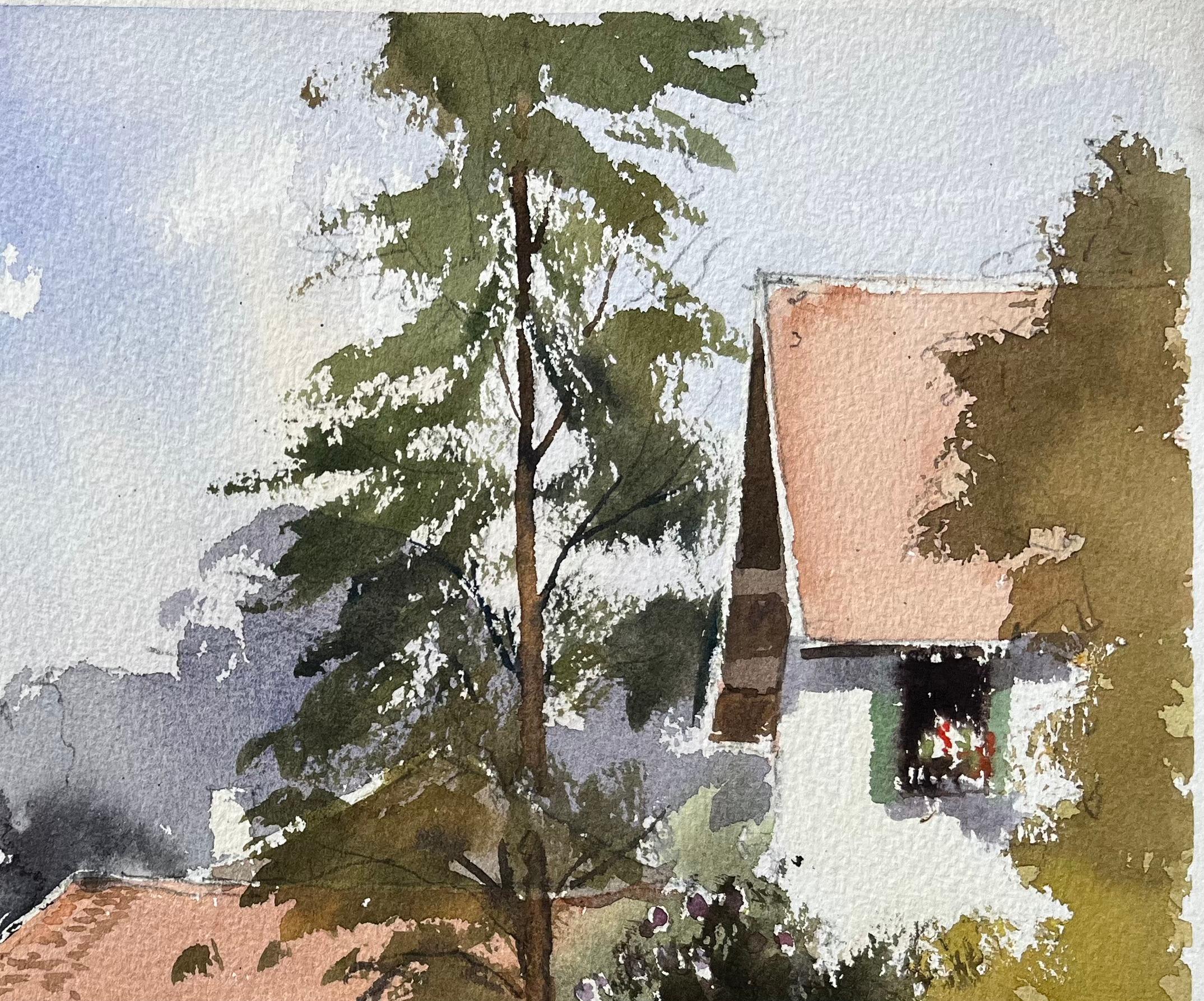 Acuarela impresionista británica de casitas de campo con gallinas - Landscape Painting Gris de Anthony Avery