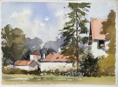 British Impressionist Watercolor of Countryside Cottages with Chickens
