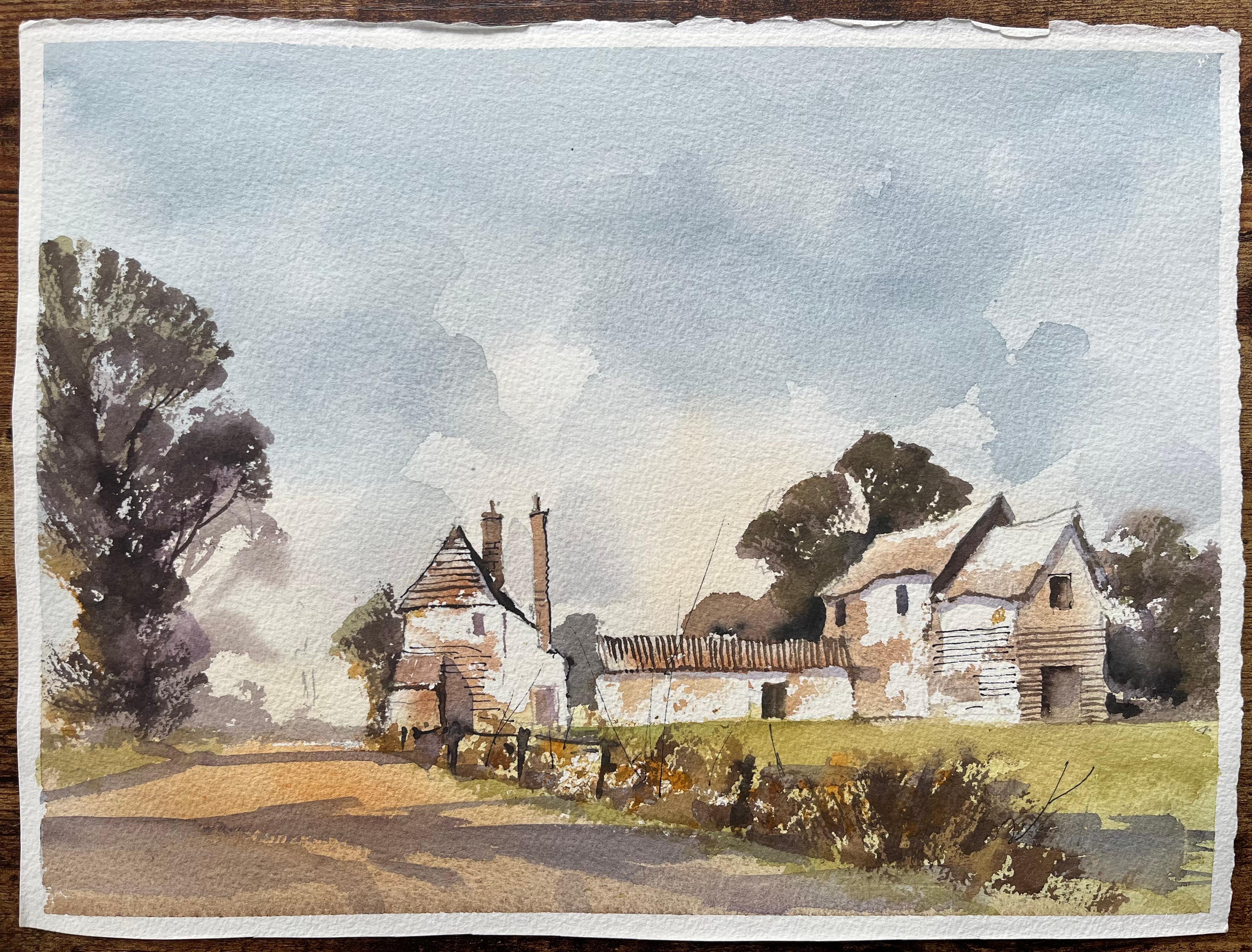Aquarelle impressionniste britannique représentant des fermes dans un paysage pastoral - Painting de Anthony Avery