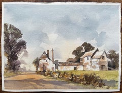 British Impressionist Watercolor of Countryside Farmhouses in Pastoral Landscape