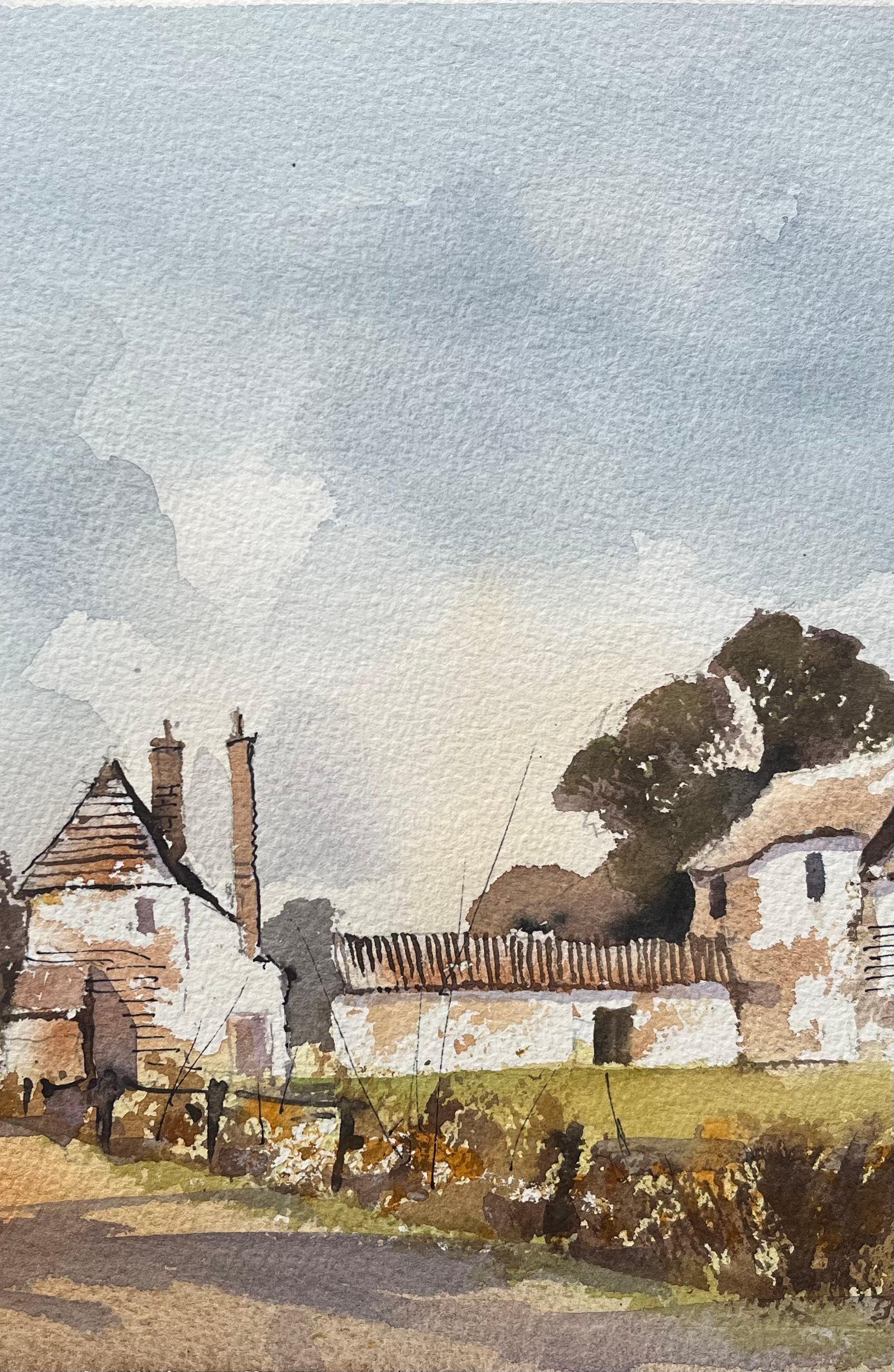 Aquarelle impressionniste britannique représentant des fermes dans un paysage pastoral - Gris Landscape Painting par Anthony Avery