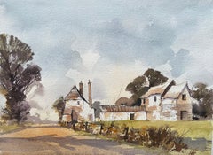 British Impressionist Watercolor of Countryside Farmhouses in Pastoral Landscape
