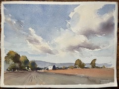 British Impressionist Watercolor of Countryside Landscape with Dramatic Sky