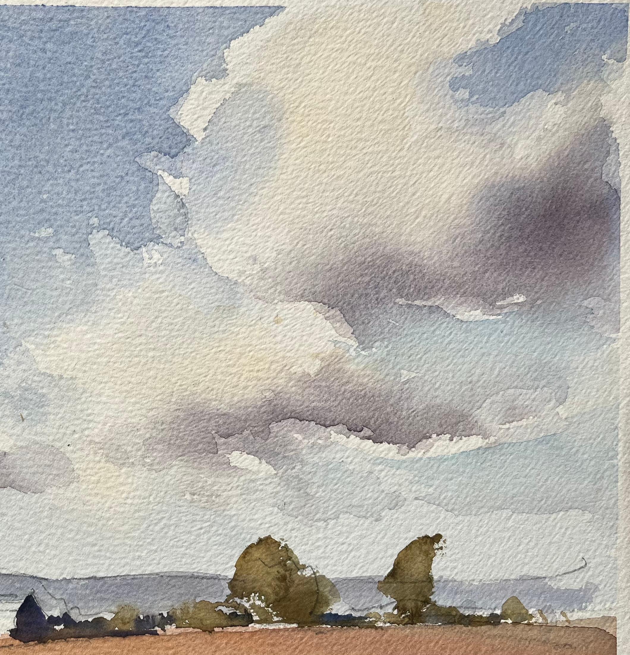 Acuarela impresionista británica de paisaje campestre con cielo dramático - Landscape Painting Gris de Anthony Avery