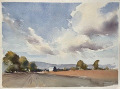 Britisches impressionistisches Aquarell einer ländlichen Landschaft mit dramatischem Himmel