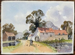 British Impressionist Watercolor of Countryside Mill with a Water Wheel