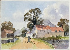 British Impressionist Watercolor of Countryside Mill with a Water Wheel
