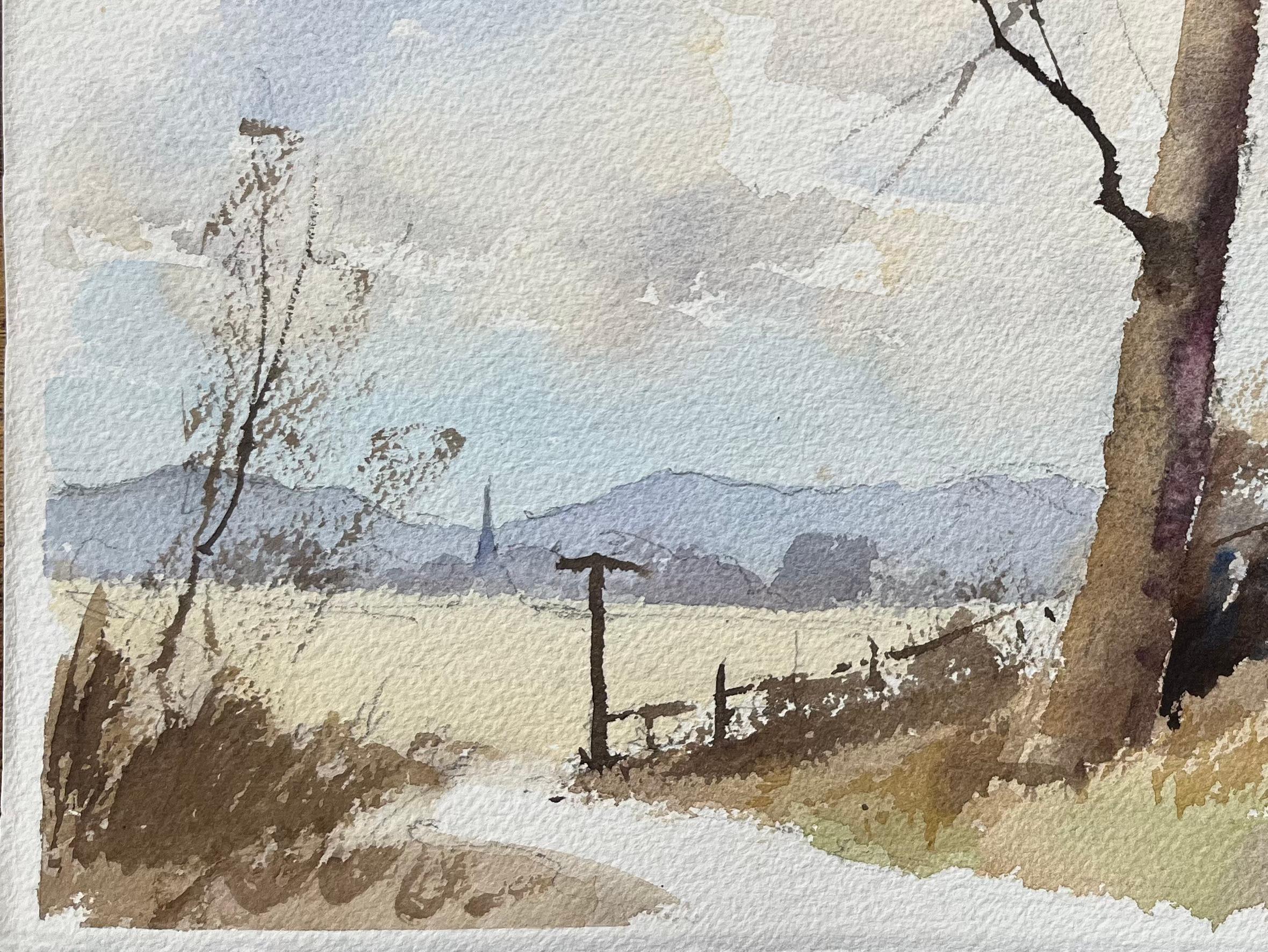 Acquerello impressionista britannico di un sentiero di campagna con montagne lontane - Painting Impressionismo di Anthony Avery