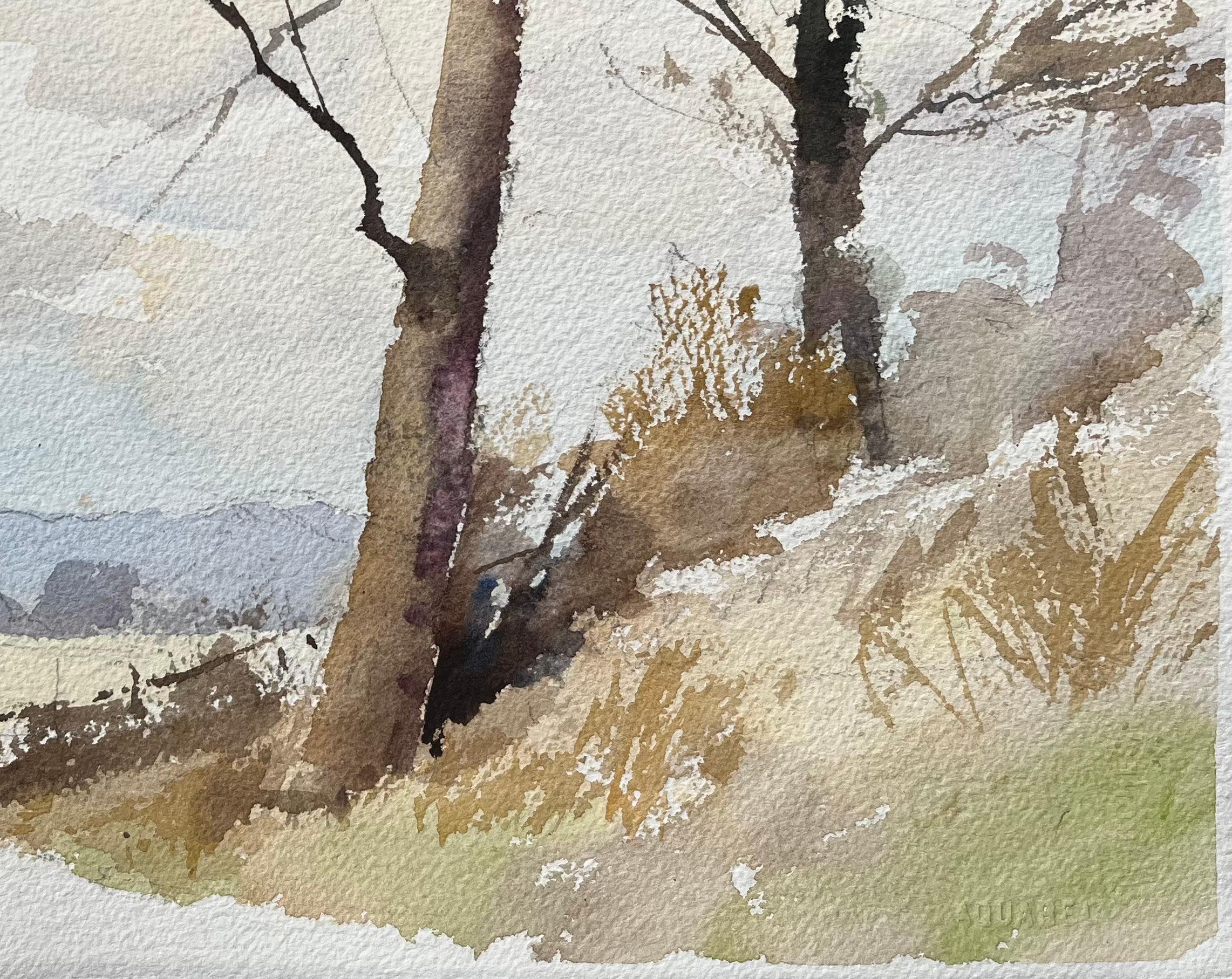 Acquerello impressionista britannico di un sentiero di campagna con montagne lontane - Landscape Painting Grigio di Anthony Avery