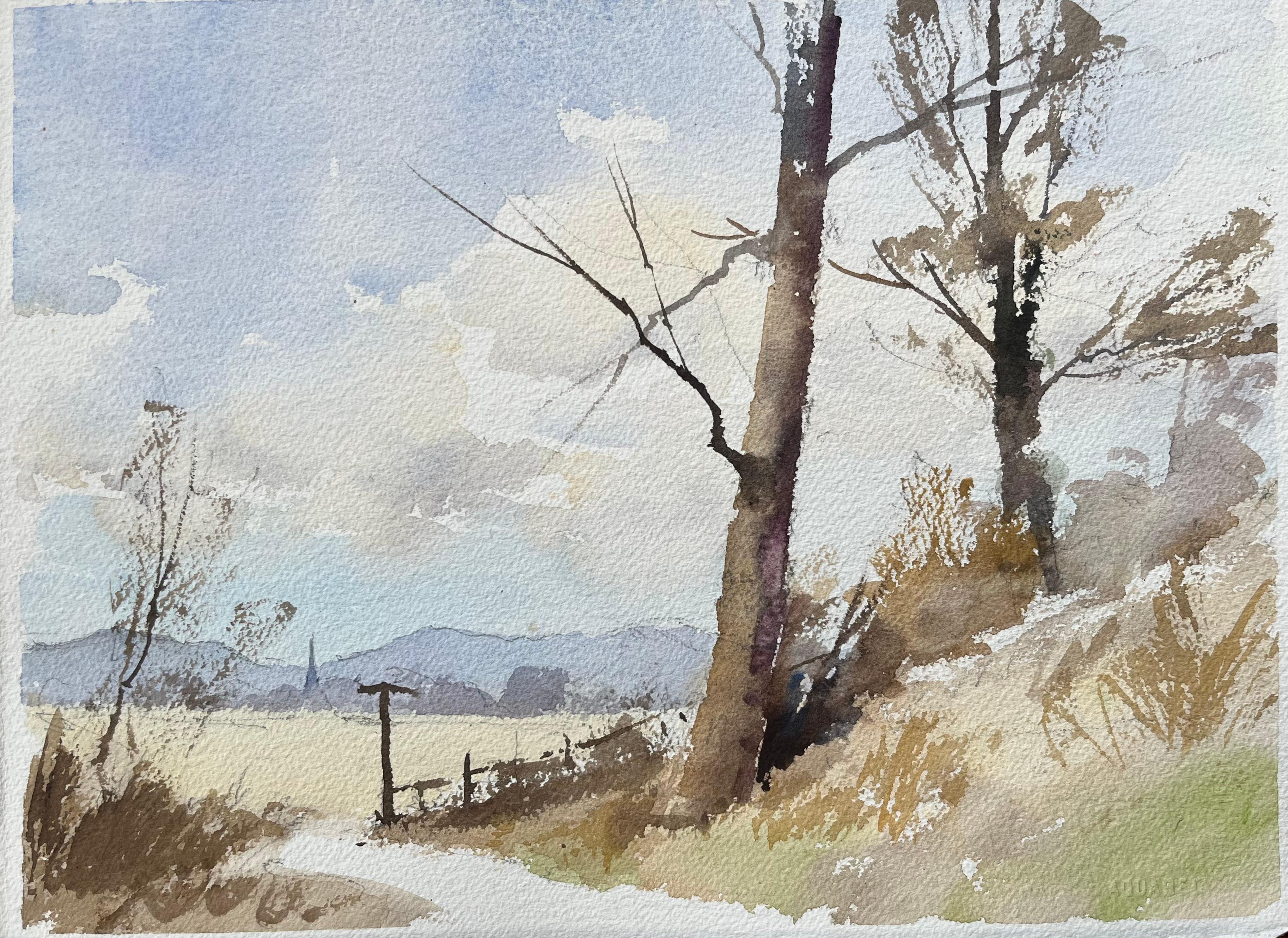 Acquerello impressionista britannico di un sentiero di campagna con montagne lontane