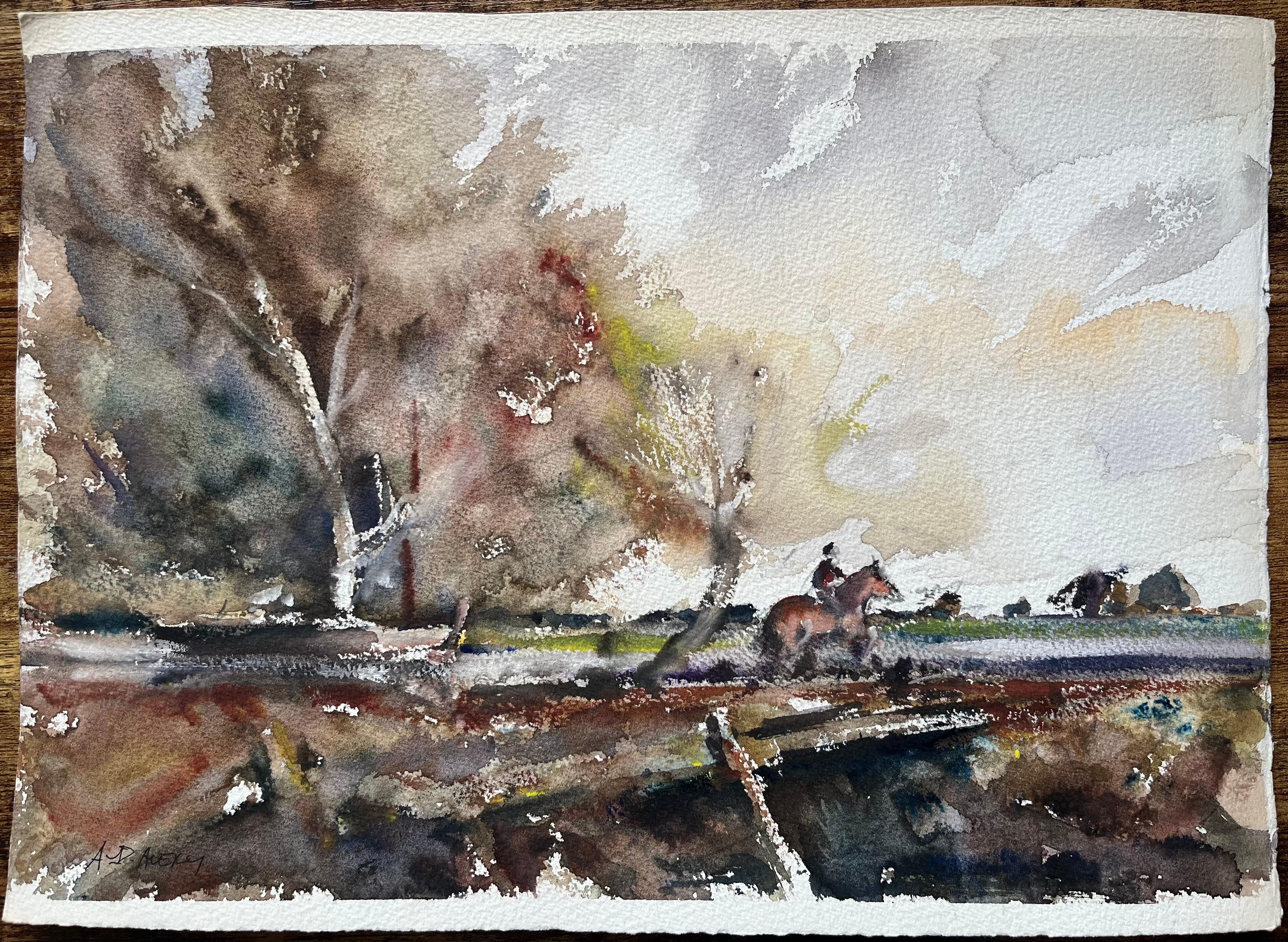 Acquerello impressionista britannico di scena di campagna con cavallo e cavaliere - Painting di Anthony Avery