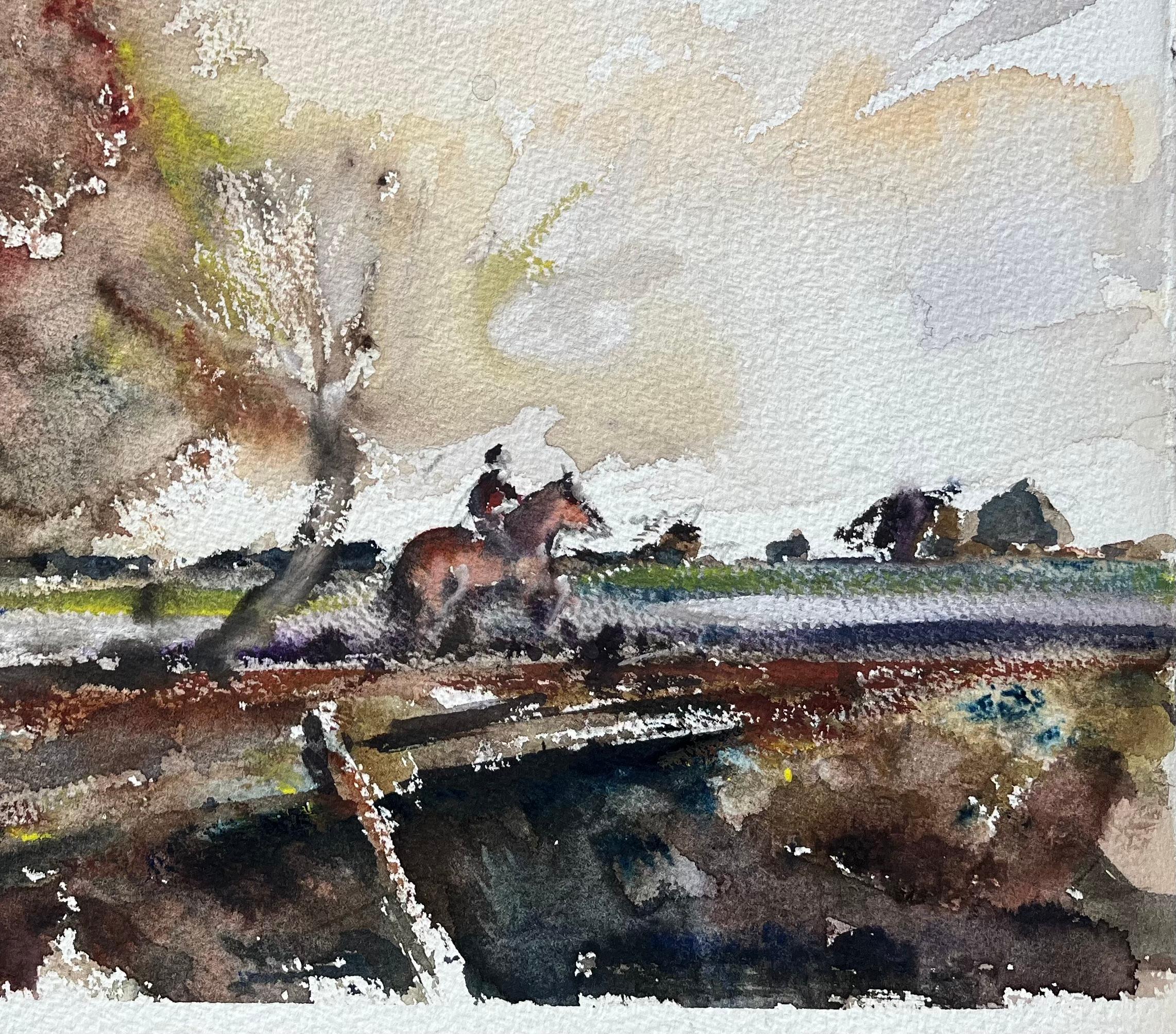 Acquerello impressionista britannico di scena di campagna con cavallo e cavaliere - Painting Impressionismo di Anthony Avery