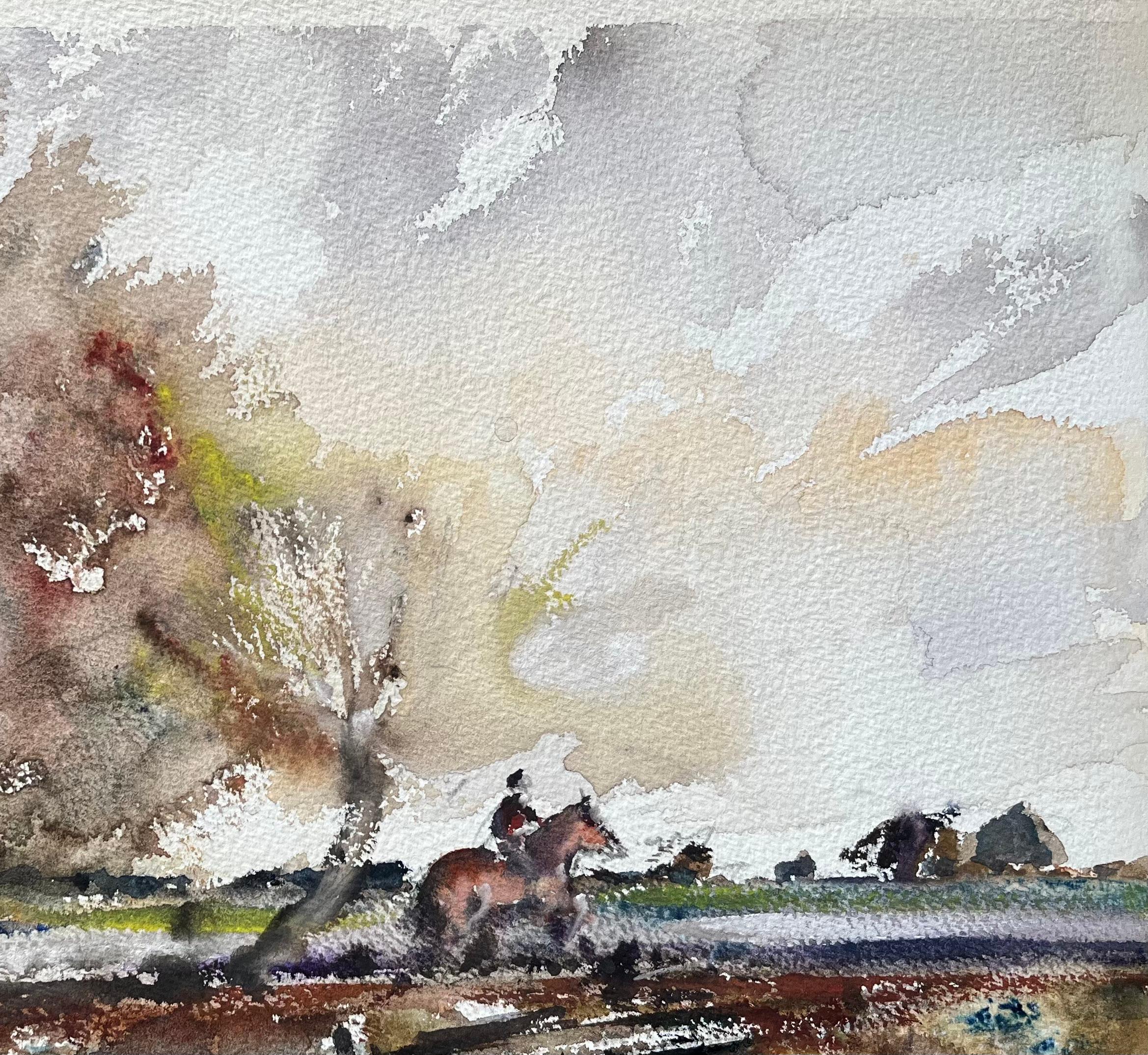 Acquerello impressionista britannico di scena di campagna con cavallo e cavaliere - Landscape Painting Grigio di Anthony Avery