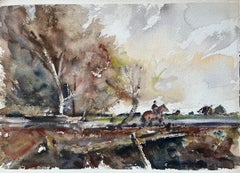 British Impressionist Watercolor of Countryside Scene with Horse and Rider