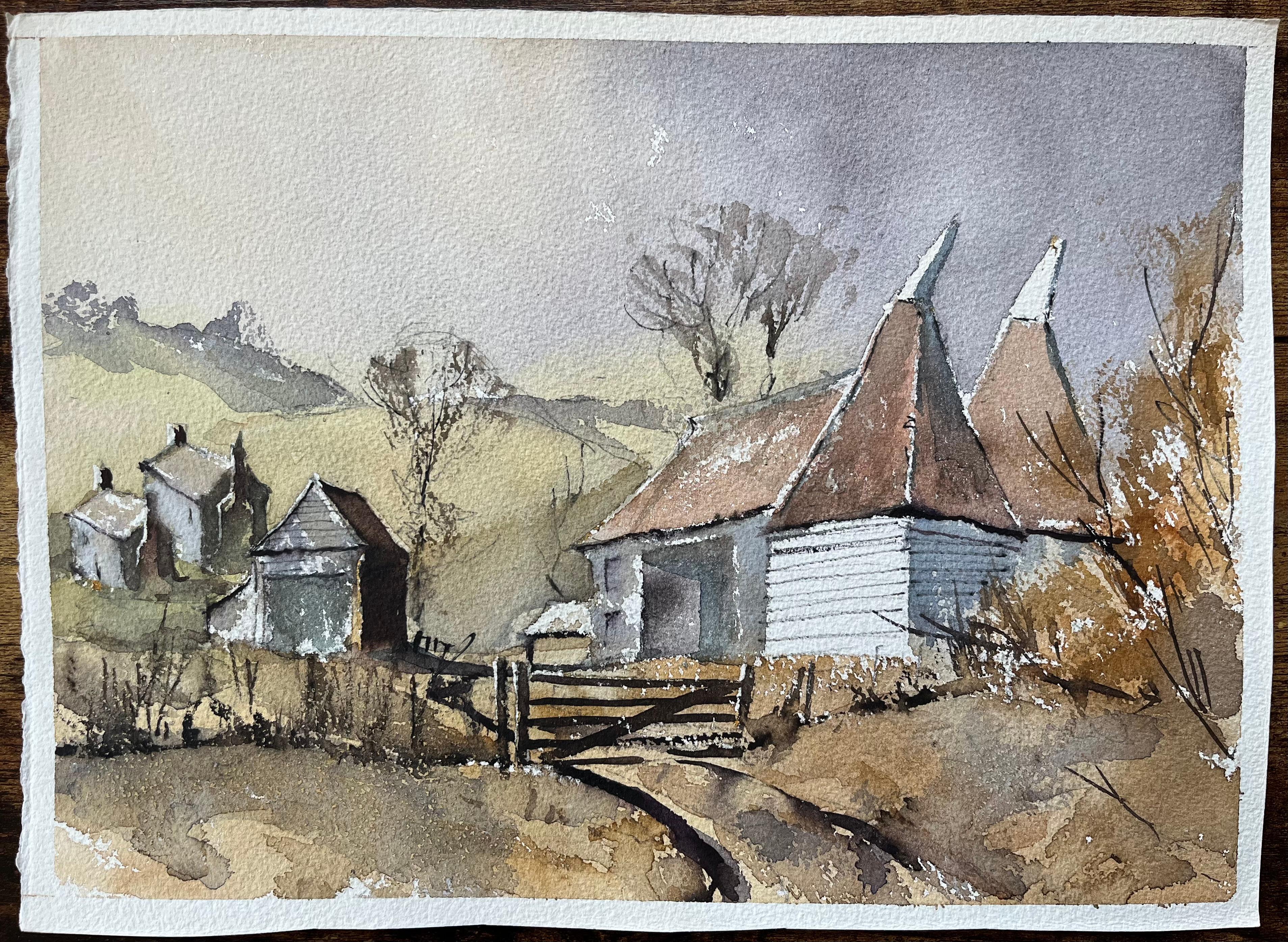 Acuarela Impresionista Británica de Escena Campestre con Casas de Oast - Painting de Anthony Avery