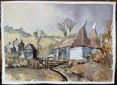 British Impressionist Watercolor of Countryside Scene with Oast Houses