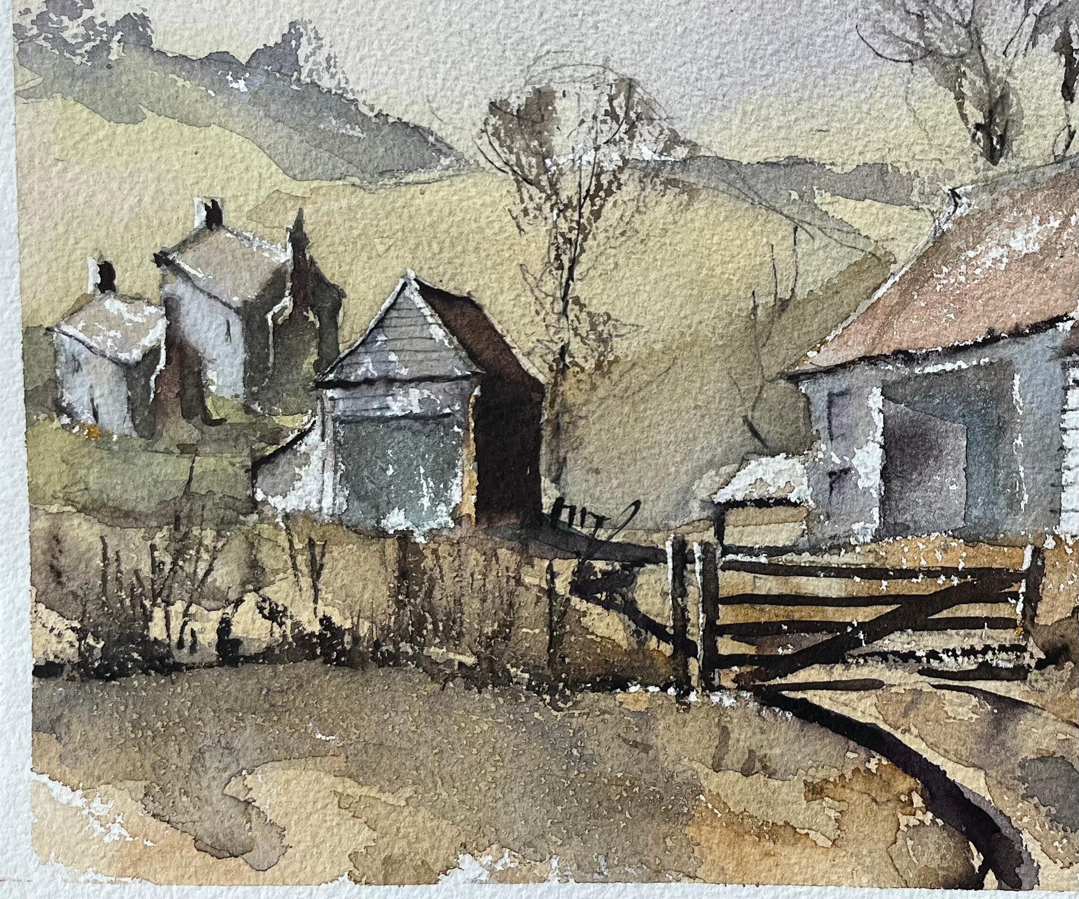 Acuarela Impresionista Británica de Escena Campestre con Casas de Oast - Landscape Painting Gris de Anthony Avery