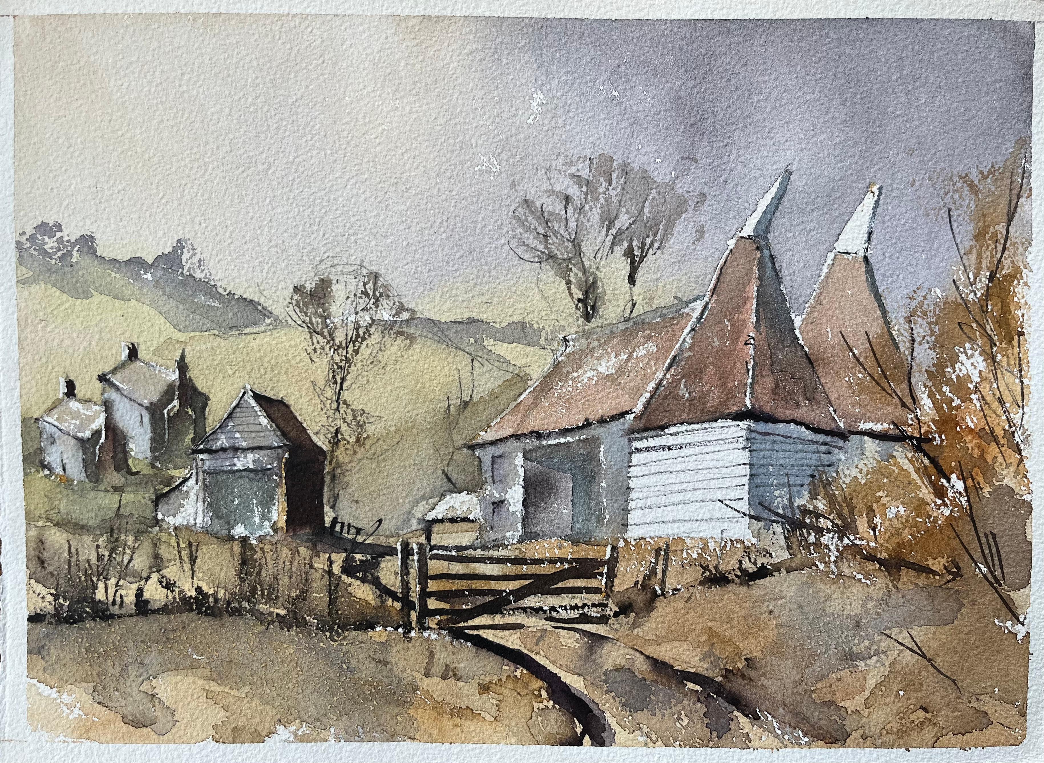 Landscape Painting de Anthony Avery - Acuarela Impresionista Británica de Escena Campestre con Casas de Oast