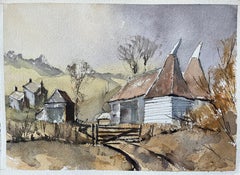 British Impressionist Watercolor of Countryside Scene with Oast Houses