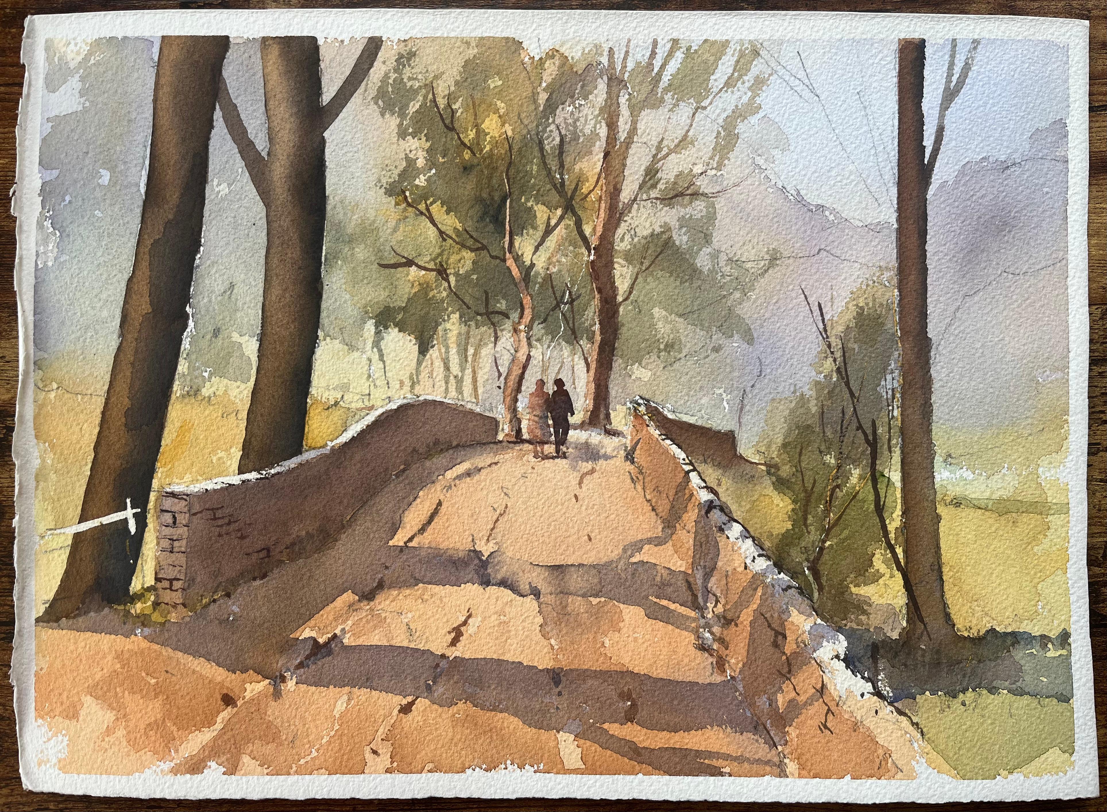Acuarela impresionista británica de un paseo campestre sobre un puente de piedra - Painting de Anthony Avery