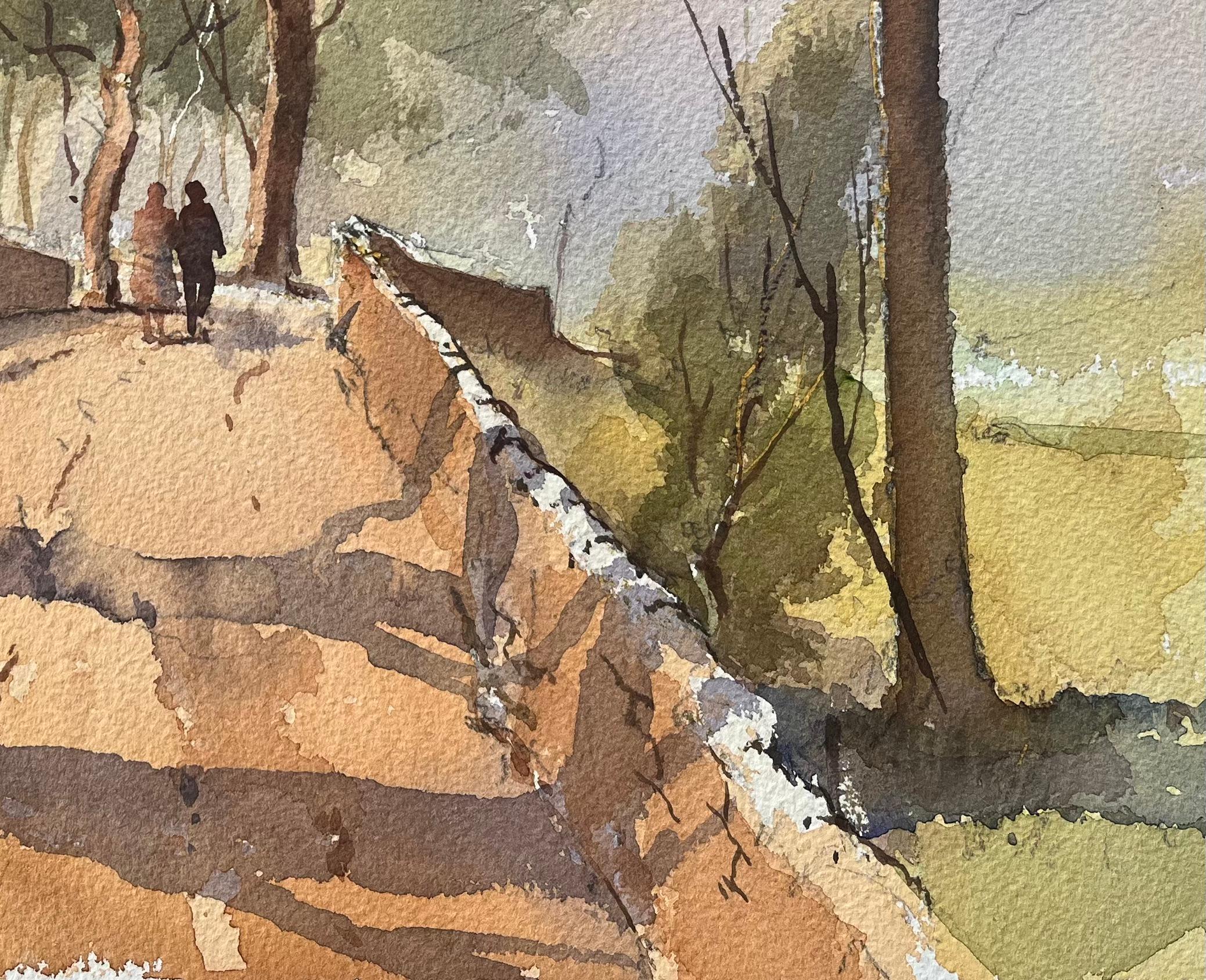 Acuarela impresionista británica de un paseo campestre sobre un puente de piedra - Painting Impresionista de Anthony Avery