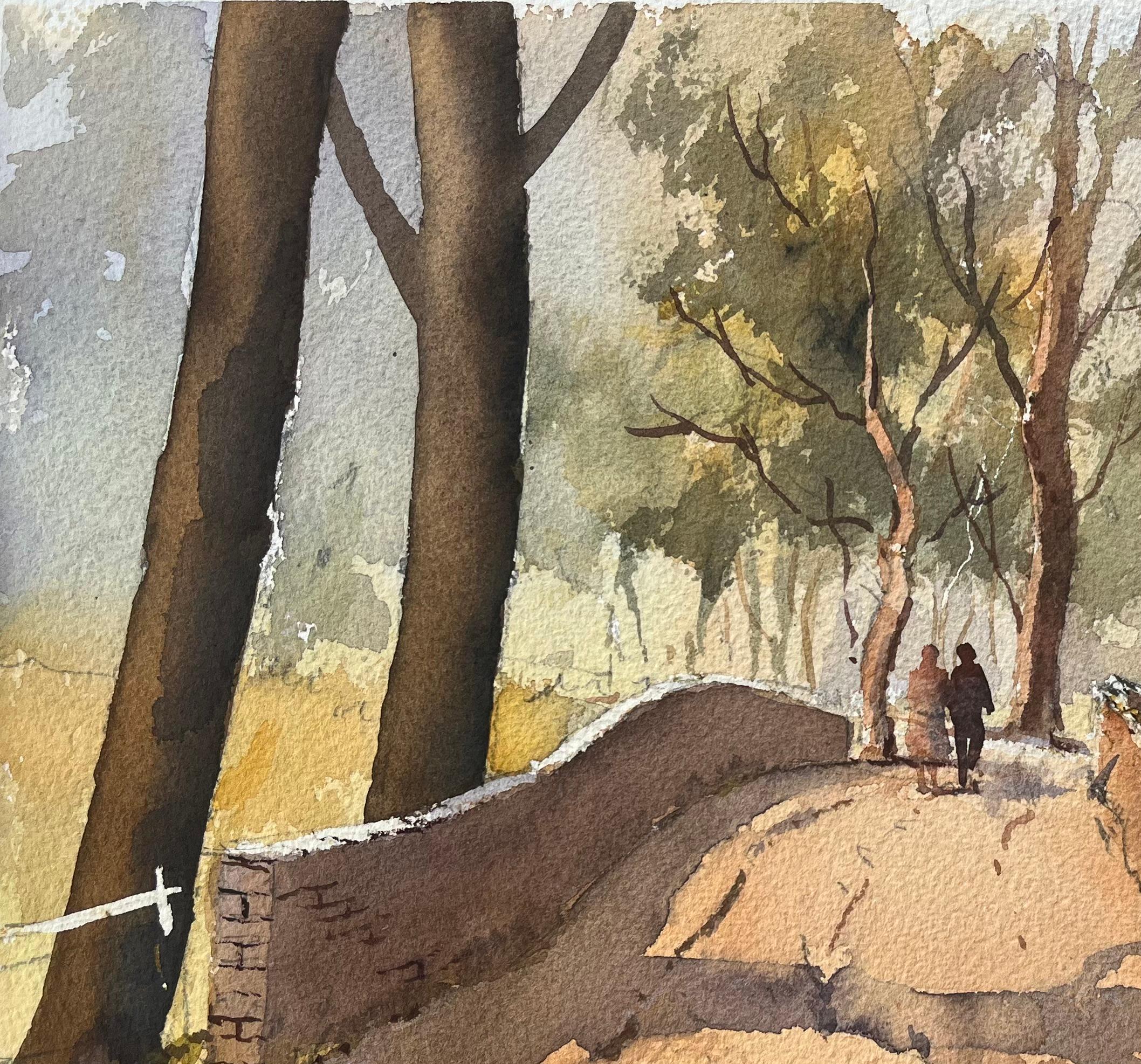 Acuarela impresionista británica de un paseo campestre sobre un puente de piedra - Landscape Painting Marrón de Anthony Avery