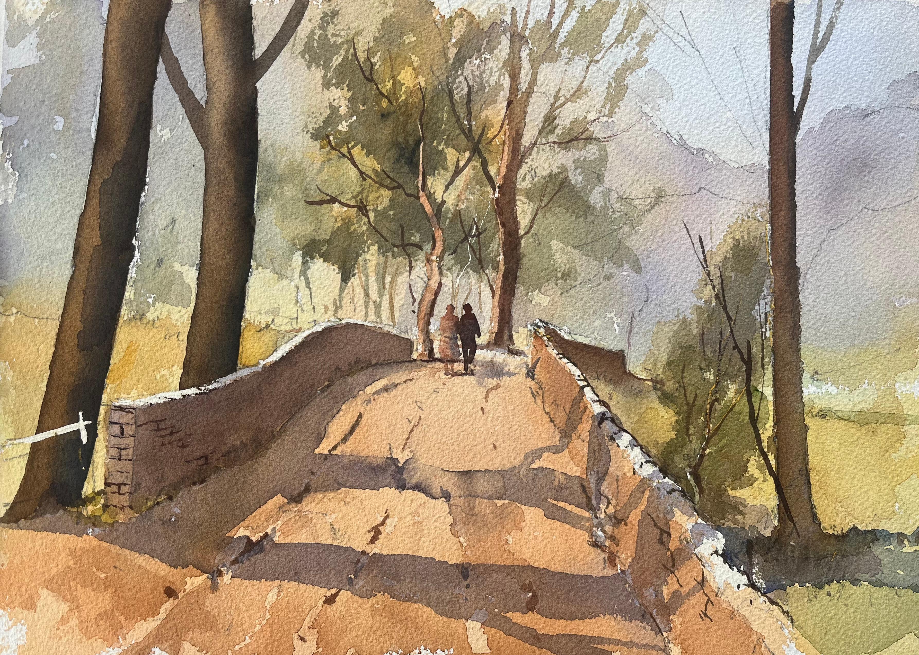 Landscape Painting de Anthony Avery - Acuarela impresionista británica de un paseo campestre sobre un puente de piedra