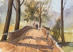 Acquerello impressionista britannico di una passeggiata in campagna su un ponte di pietra