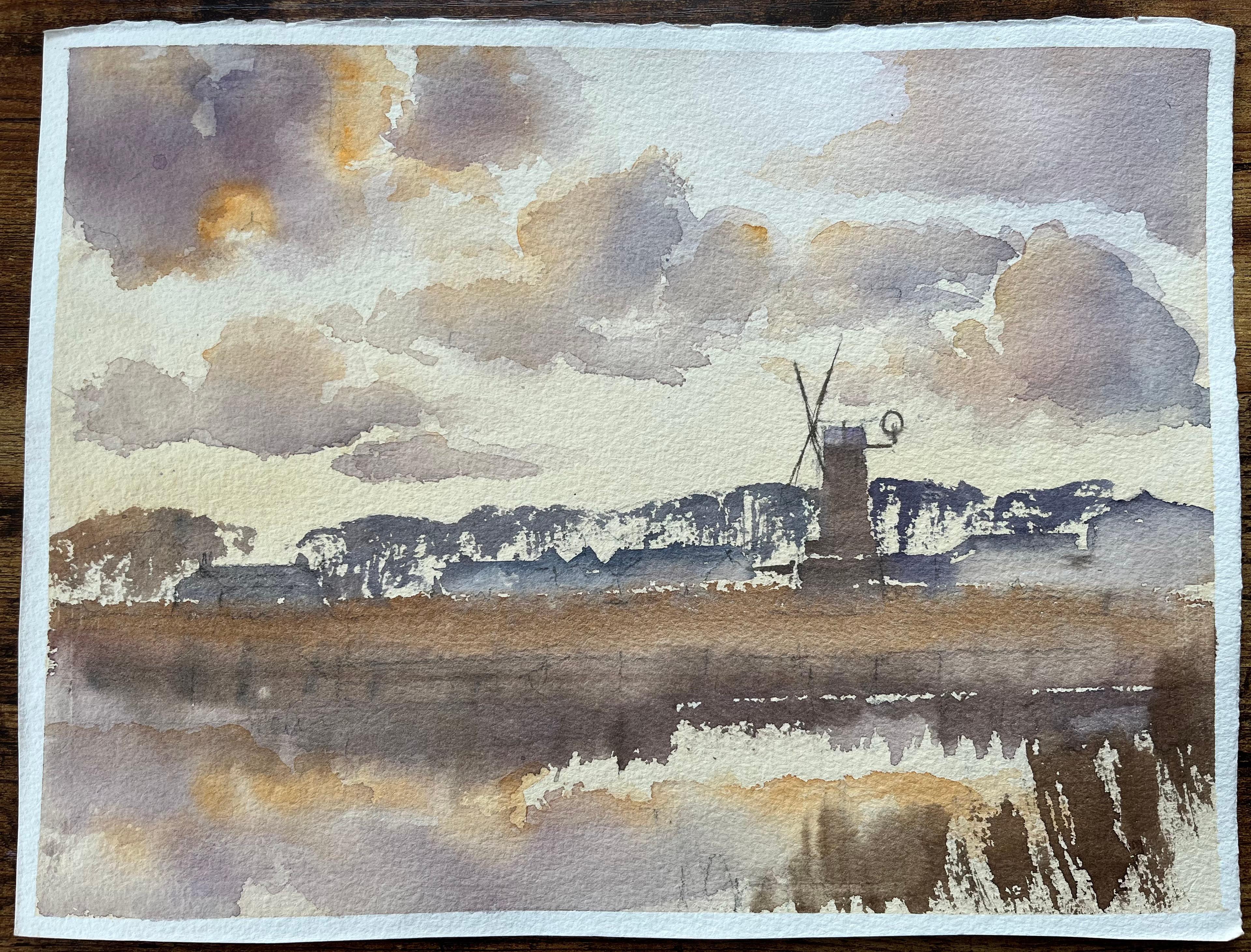 Aquarelle impressionniste britannique représentant un moulin à vent de campagne et un ciel réfléchi - Painting de Anthony Avery