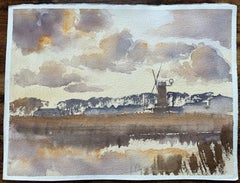British Impressionist Watercolor of Countryside Windmill and Reflected Skies