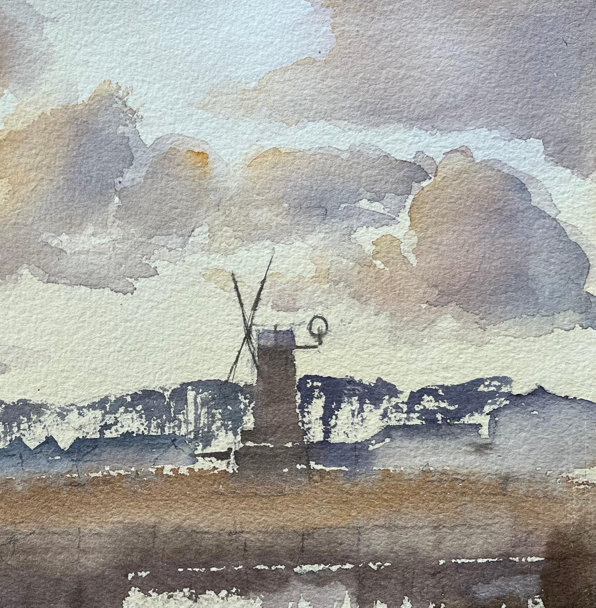 Aquarelle impressionniste britannique représentant un moulin à vent de campagne et un ciel réfléchi - Impressionnisme Painting par Anthony Avery