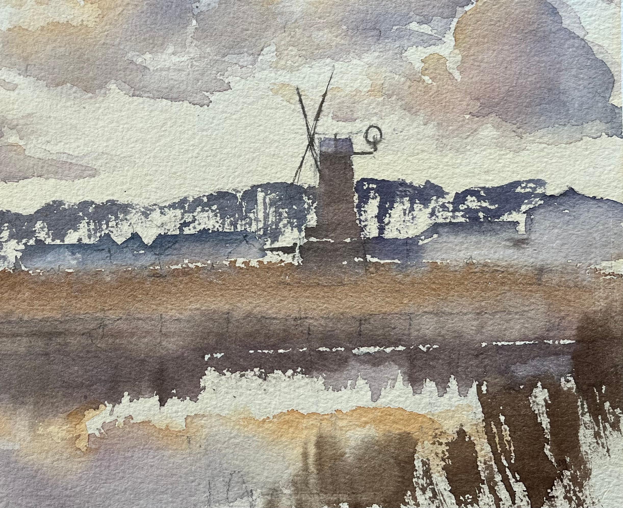 Aquarelle impressionniste britannique représentant un moulin à vent de campagne et un ciel réfléchi - Gris Landscape Painting par Anthony Avery