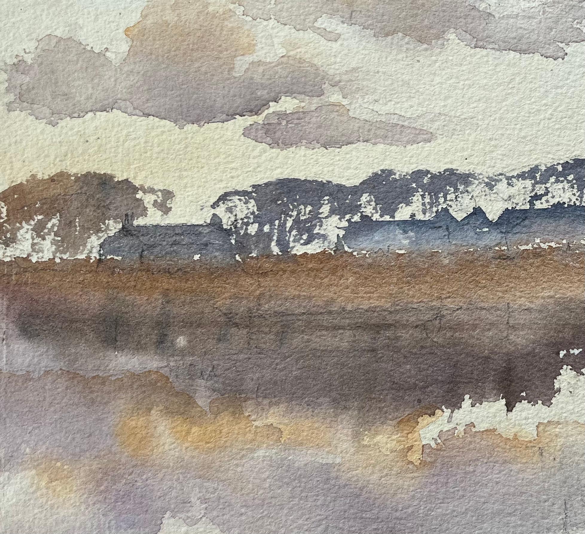 Aquarelle impressionniste britannique représentant un moulin à vent de campagne et un ciel réfléchi en vente 1