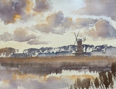 Britischer Impressionist Aquarell der Landschaft Windmühle und reflektierten Himmel
