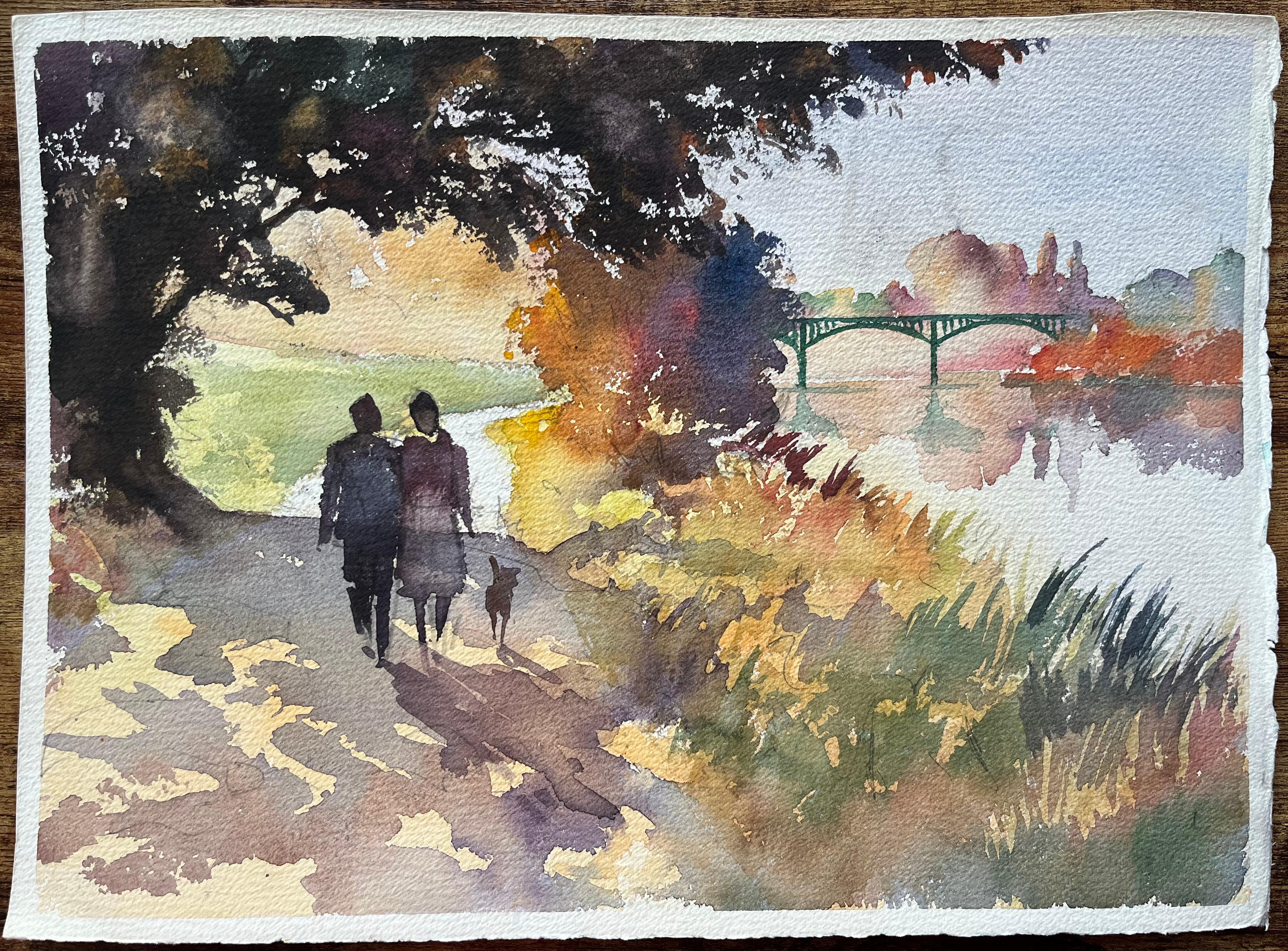 Acuarela impresionista británica de una pareja paseando con su perro por el río - Painting de Anthony Avery