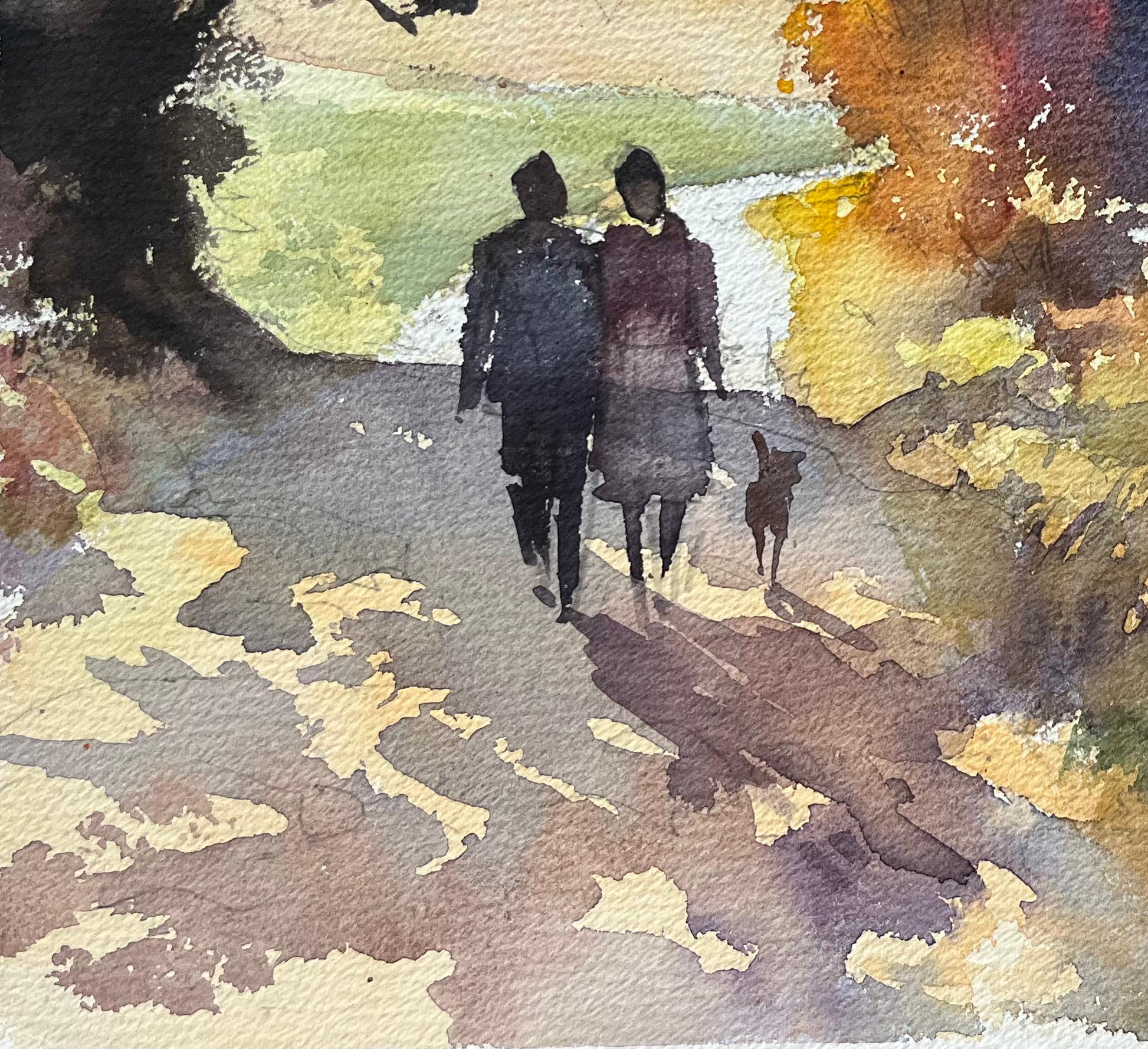 Acuarela impresionista británica de una pareja paseando con su perro por el río - Painting Impresionista de Anthony Avery