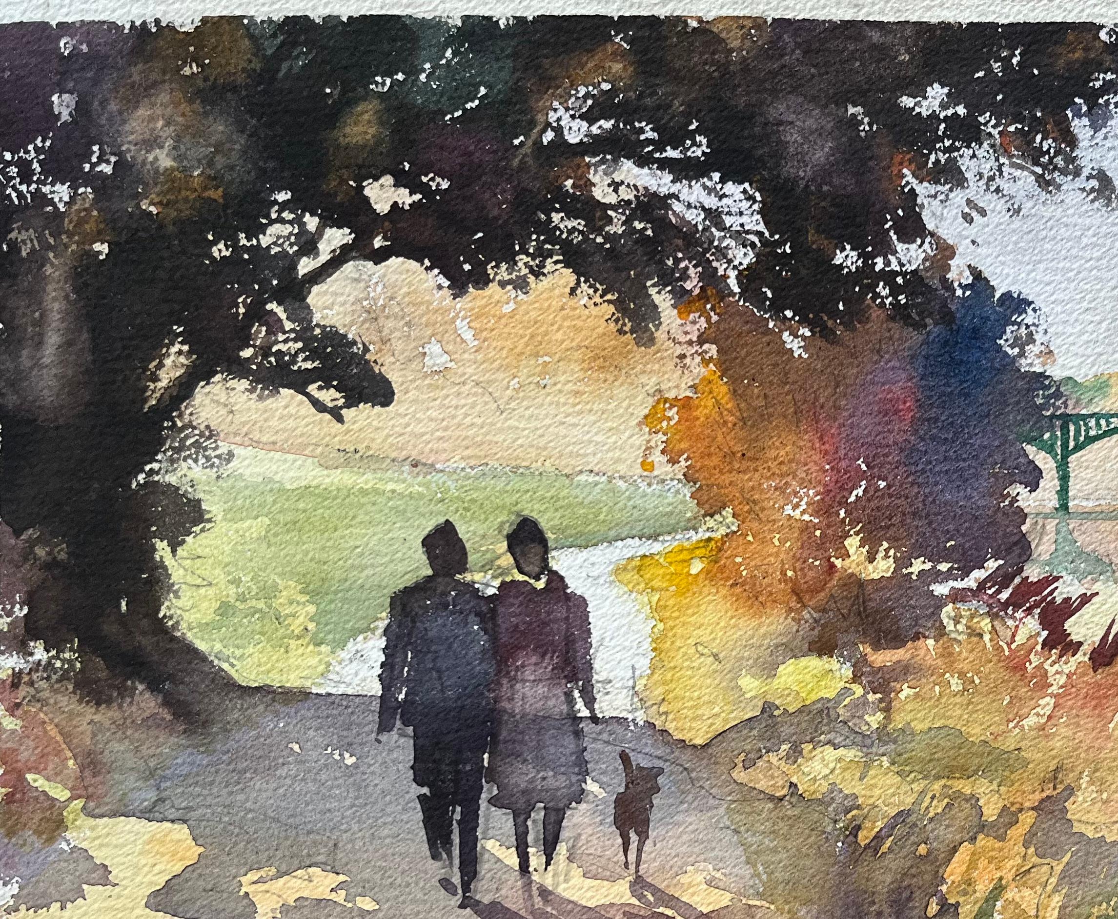 Acuarela impresionista británica de una pareja paseando con su perro por el río en venta 1