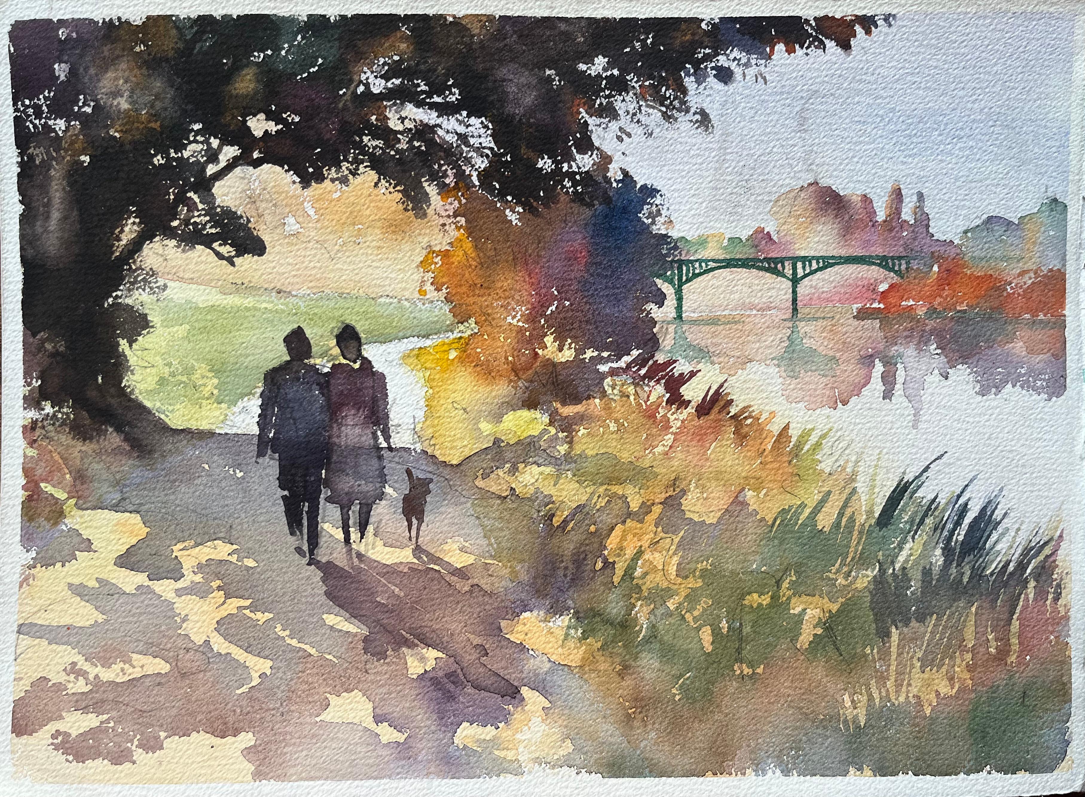 Landscape Painting de Anthony Avery - Acuarela impresionista británica de una pareja paseando con su perro por el río