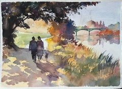Britischer Impressionist Aquarell eines Paares, das seinen Hund auf einen Spaziergang am Fluss mitnimmt