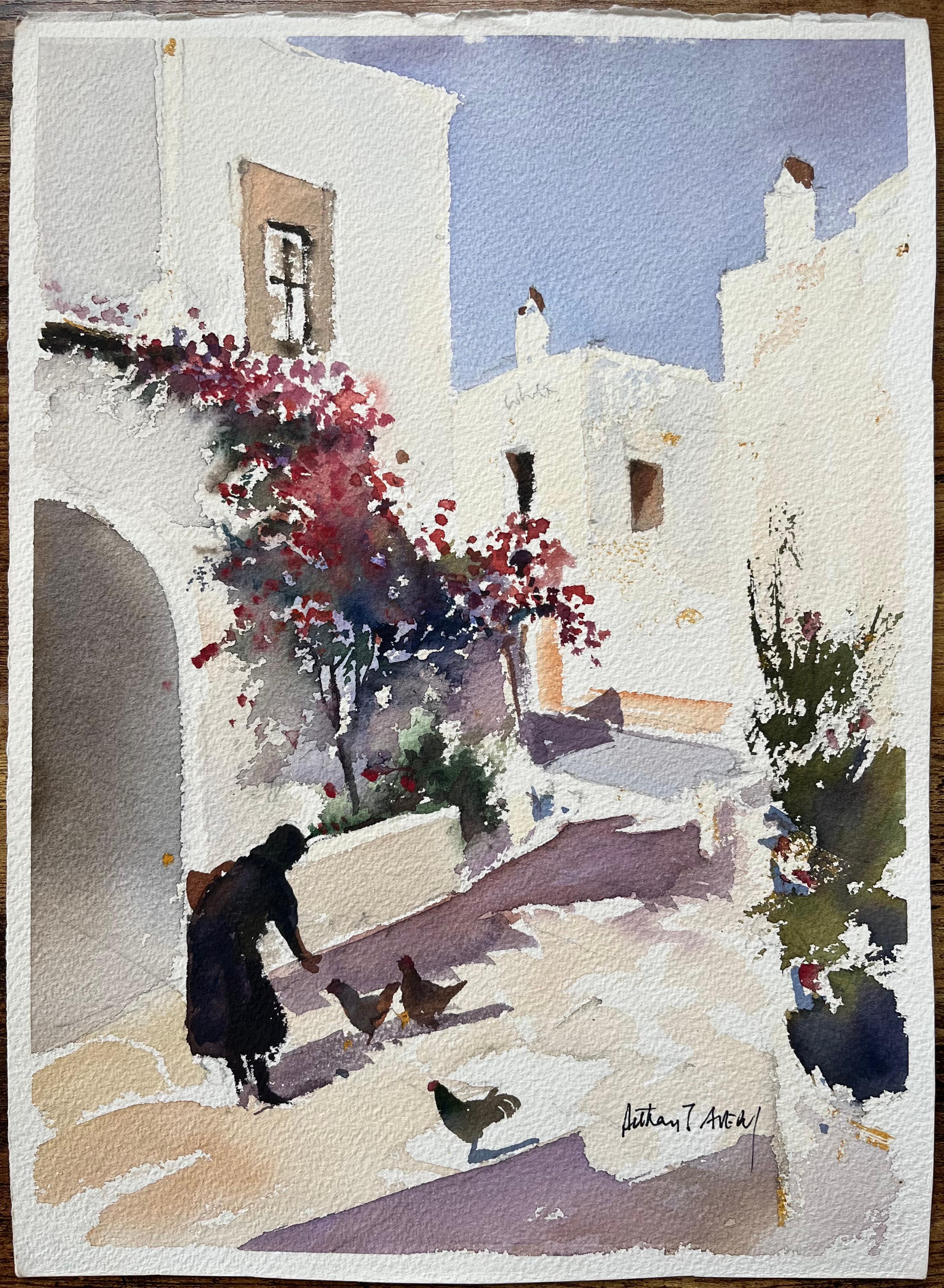 British Impressionist Watercolor of Courtyard with Woman and Chickens - Painting by Anthony Avery