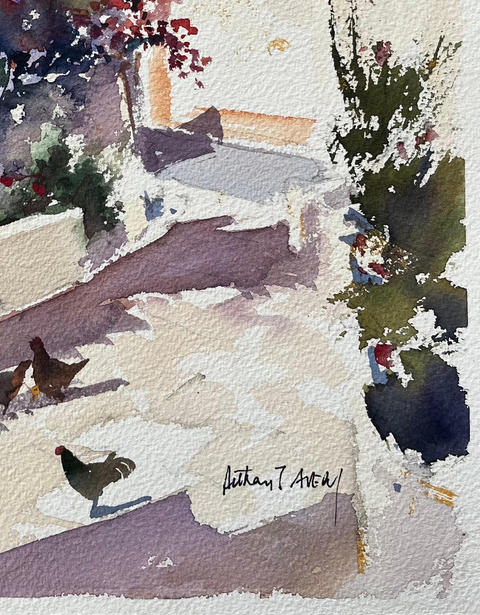 British Impressionist Watercolor of Courtyard with Woman and Chickens - Gray Landscape Painting by Anthony Avery