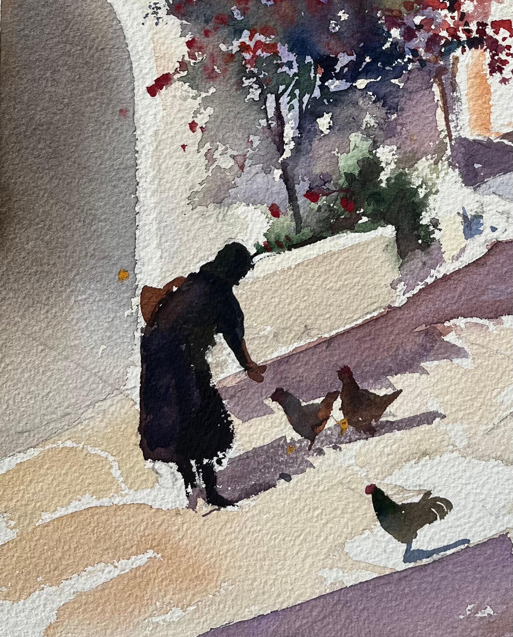 Title: British Impressionist Watercolor of Courtyard with Woman and Chickens
By Anthony Avery (British 1946-2023)
Signed: Yes
Original watercolor on artists paper, unframed
Dimensions: 15.25 x 11 inches (Height x Width)
Condition: Good, with some