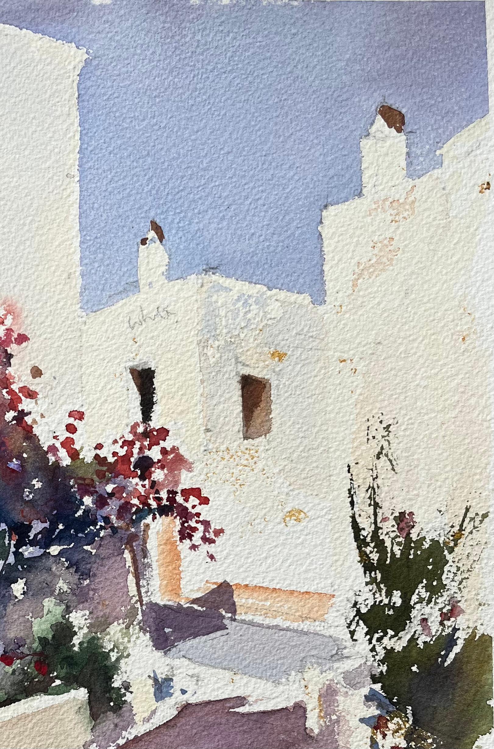 British Impressionist Watercolor of Courtyard with Woman and Chickens For Sale 1