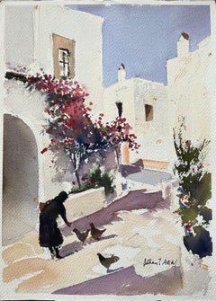 British Impressionist Watercolor of Courtyard with Woman and Chickens