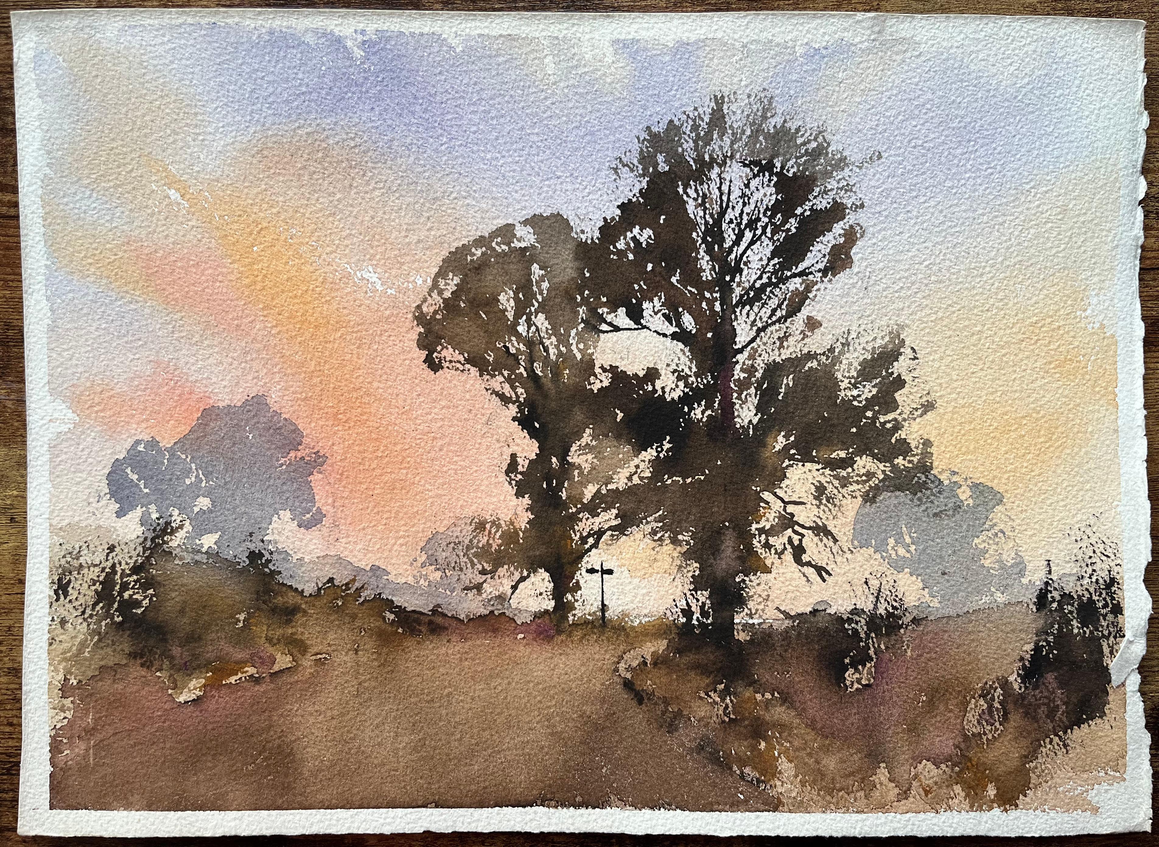 Britisches impressionistisches Aquarell des britischen Impressionismus, Crossroads Bathed in the Warm, Fading Light – Painting von Anthony Avery