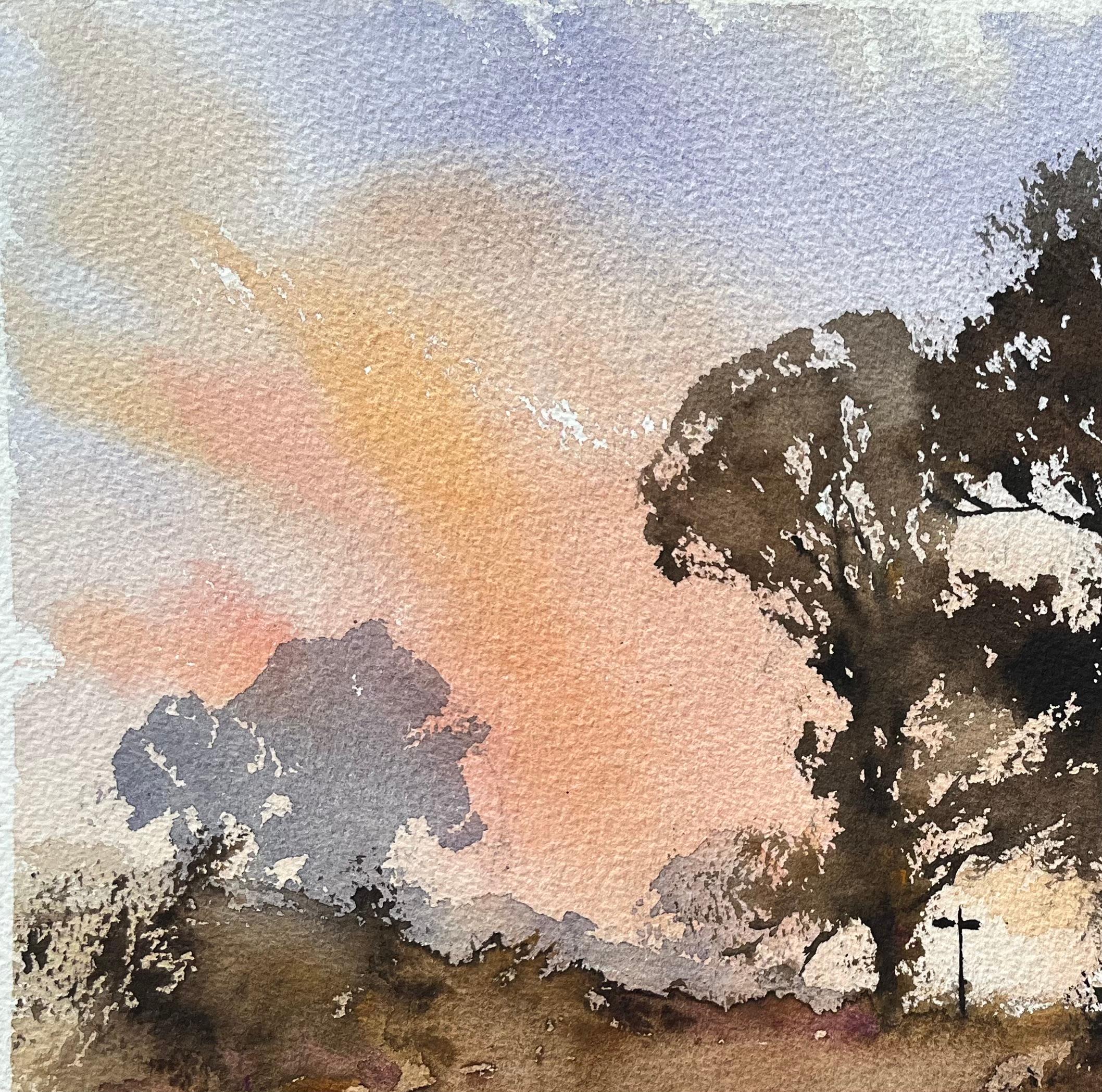 Britisches impressionistisches Aquarell des britischen Impressionismus, Crossroads Bathed in the Warm, Fading Light im Angebot 1